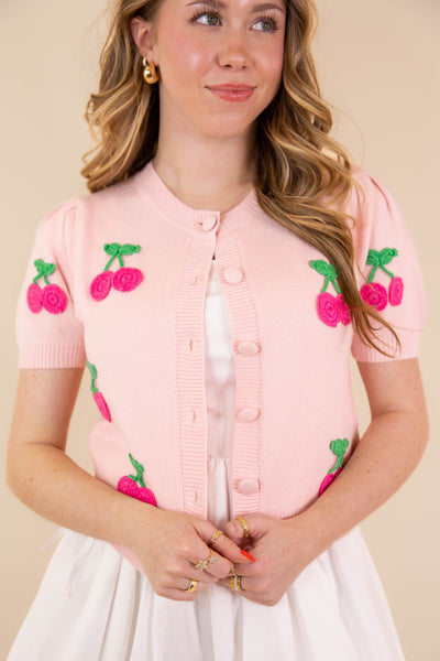 Women's Baby Pink Cardigan- Women's Cherry Cardigan- Dreamers Sweaters