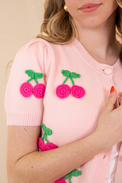 Women's Baby Pink Cardigan- Women's Cherry Cardigan- Dreamers Sweaters