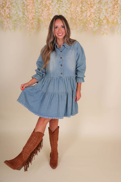 Women's Denim Dress- Women's Babydoll Denim Dress- Women's Long Sleeve Dresses