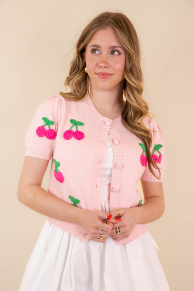 Women's Baby Pink Cardigan- Women's Cherry Cardigan- Dreamers Sweaters