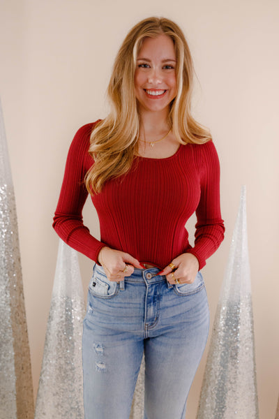 Women's Ribbed Knit Top- Burgundy Sweater Top- Women's Basic Fall Tops