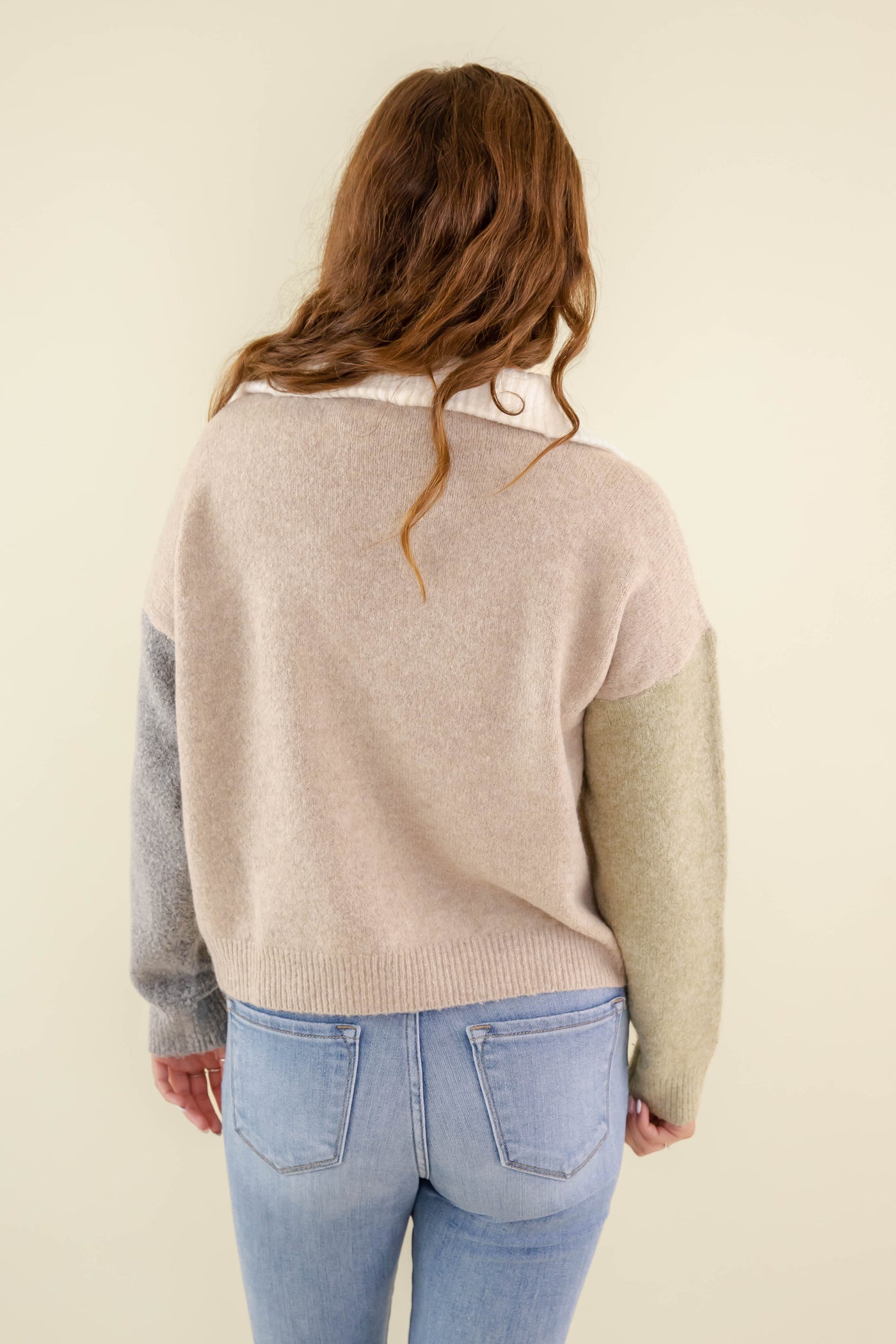 Women's Quarter Zip Sweater- Neutral Color Block Sweater For Women- Super Soft Women's Sweaters