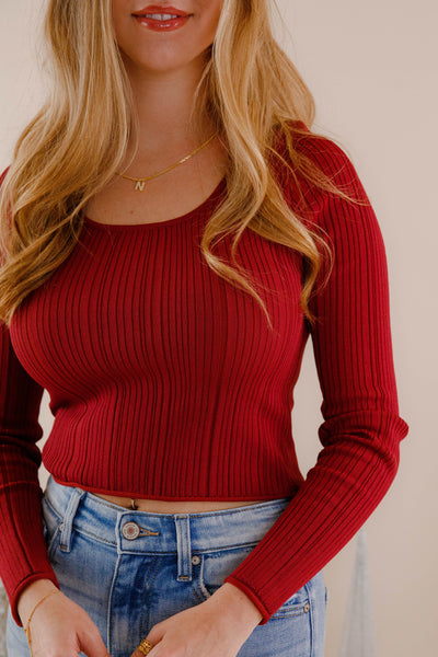 Women's Ribbed Knit Top- Burgundy Sweater Top- Women's Basic Fall Tops