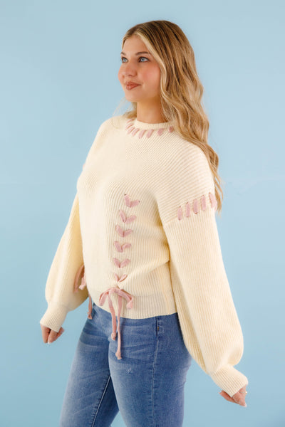 Lace-up Ribbon Sweater- Women's Blush Pink Ribbon Sweater- Ivory Knit Sweater