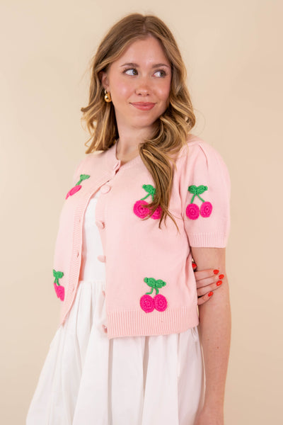 Women's Baby Pink Cardigan- Women's Cherry Cardigan- Dreamers Sweaters