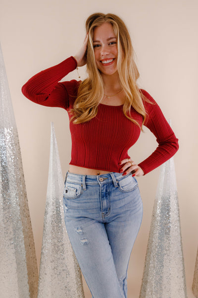 Women's Ribbed Knit Top- Burgundy Sweater Top- Women's Basic Fall Tops