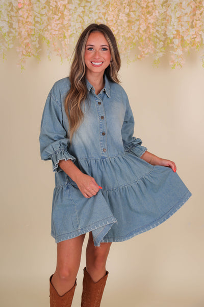 Women's Denim Dress- Women's Babydoll Denim Dress- Women's Long Sleeve Dresses