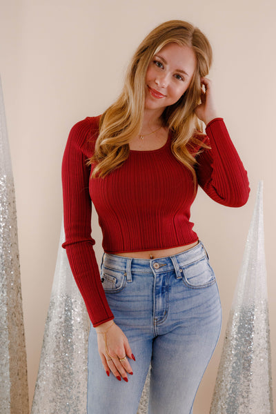 Women's Ribbed Knit Top- Burgundy Sweater Top- Women's Basic Fall Tops