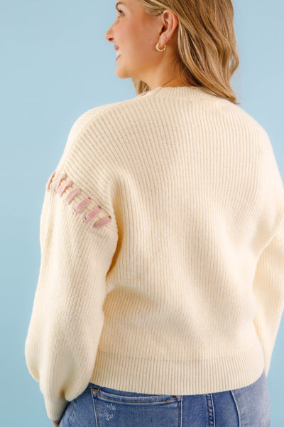 Lace-up Ribbon Sweater- Women's Blush Pink Ribbon Sweater- Ivory Knit Sweater