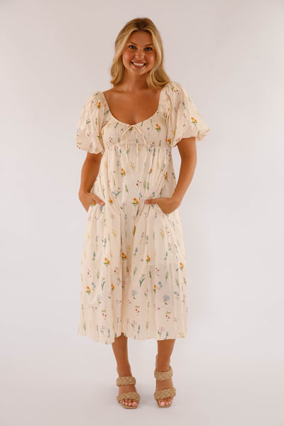 Dainty Floral Print Midi Dress- Women's Cotton Floral Dress- Aureum Dresses