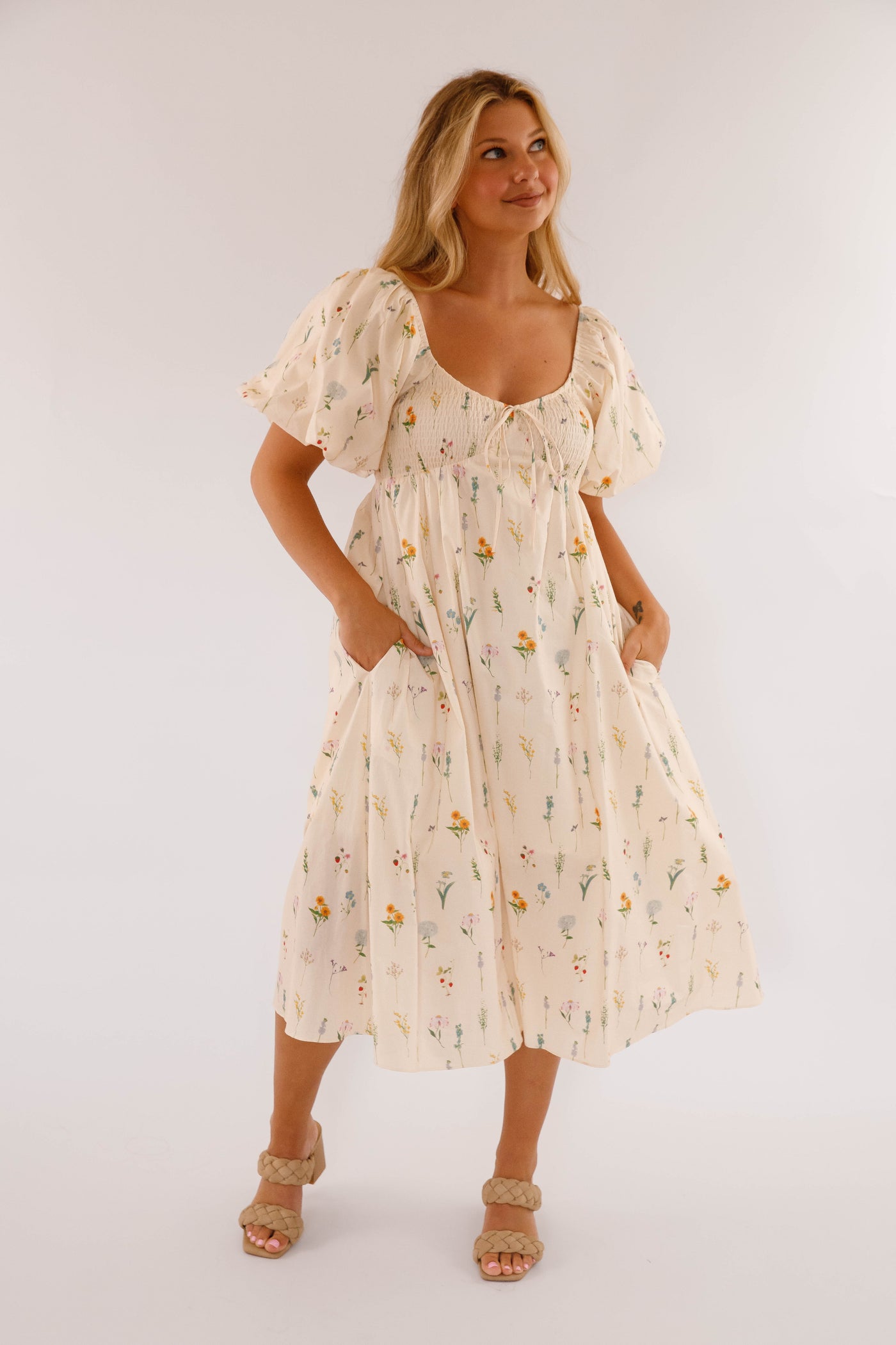 Dainty Floral Print Midi Dress- Women's Cotton Floral Dress- Aureum Dresses