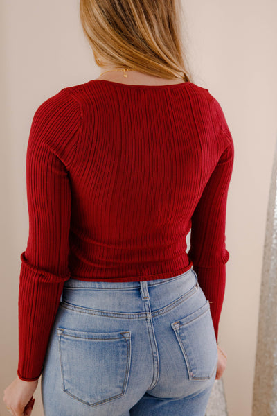 Women's Ribbed Knit Top- Burgundy Sweater Top- Women's Basic Fall Tops