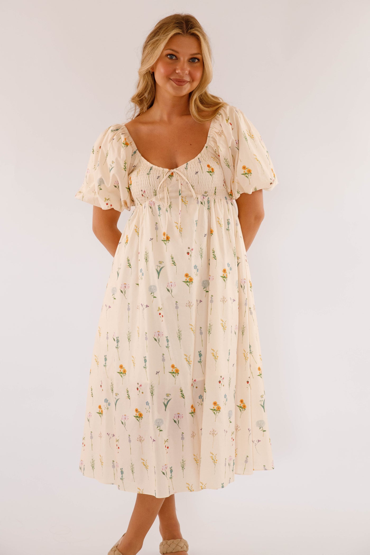Dainty Floral Print Midi Dress- Women's Cotton Floral Dress- Aureum Dresses