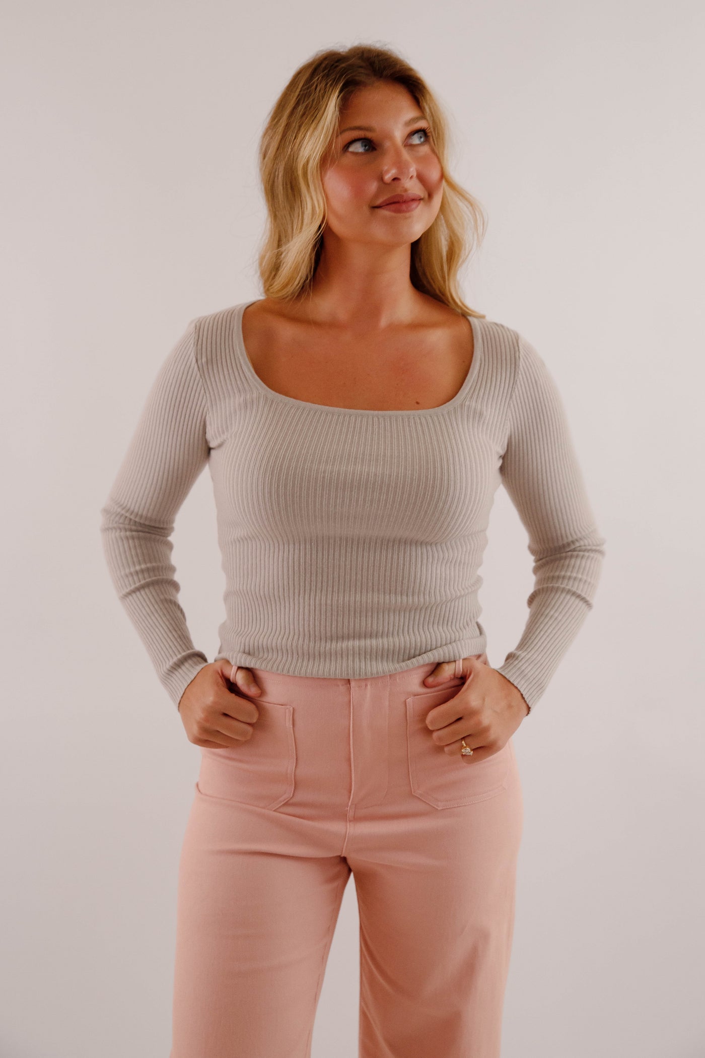 Women's Basic Ribbed Top- Light Grey Long Sleeve Top- Women's Fall Layering Tops