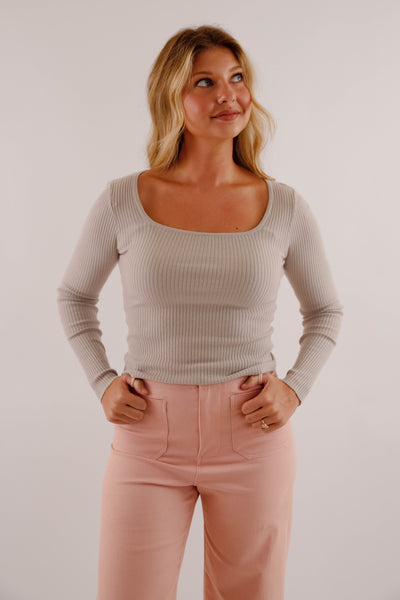 Women's Basic Ribbed Top- Light Grey Long Sleeve Top- Women's Fall Layering Tops
