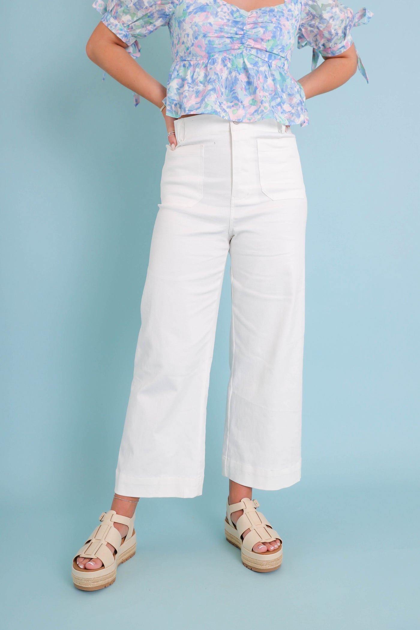 Wide Leg White Denim- Women's Front Pocket Jeans- Trendy Style Jeans