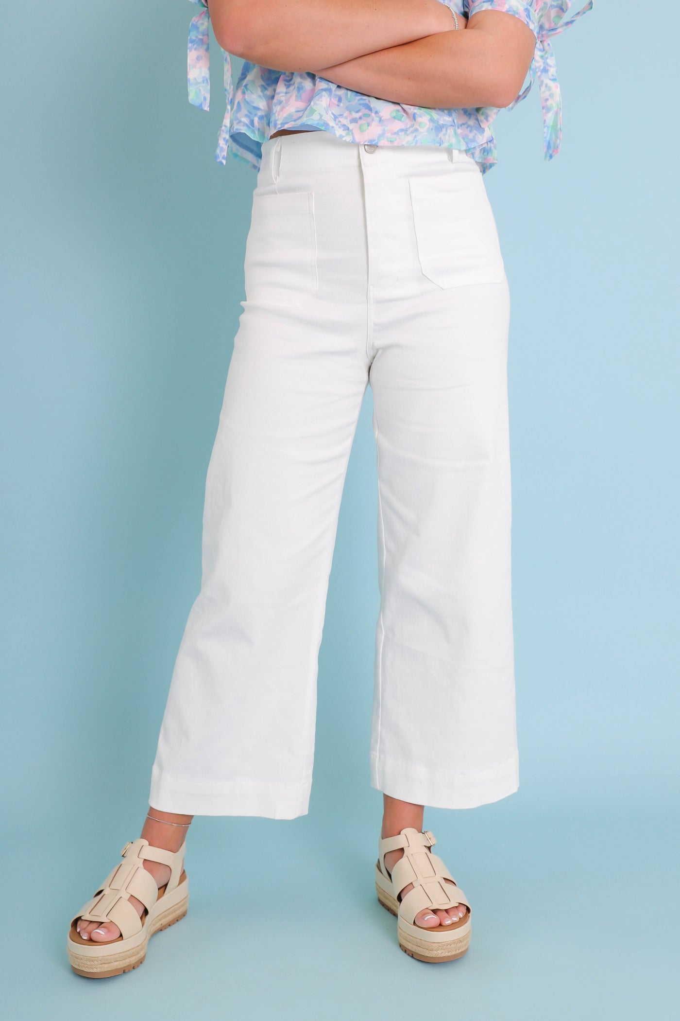 Wide Leg White Denim- Women's Front Pocket Jeans- Trendy Style Jeans