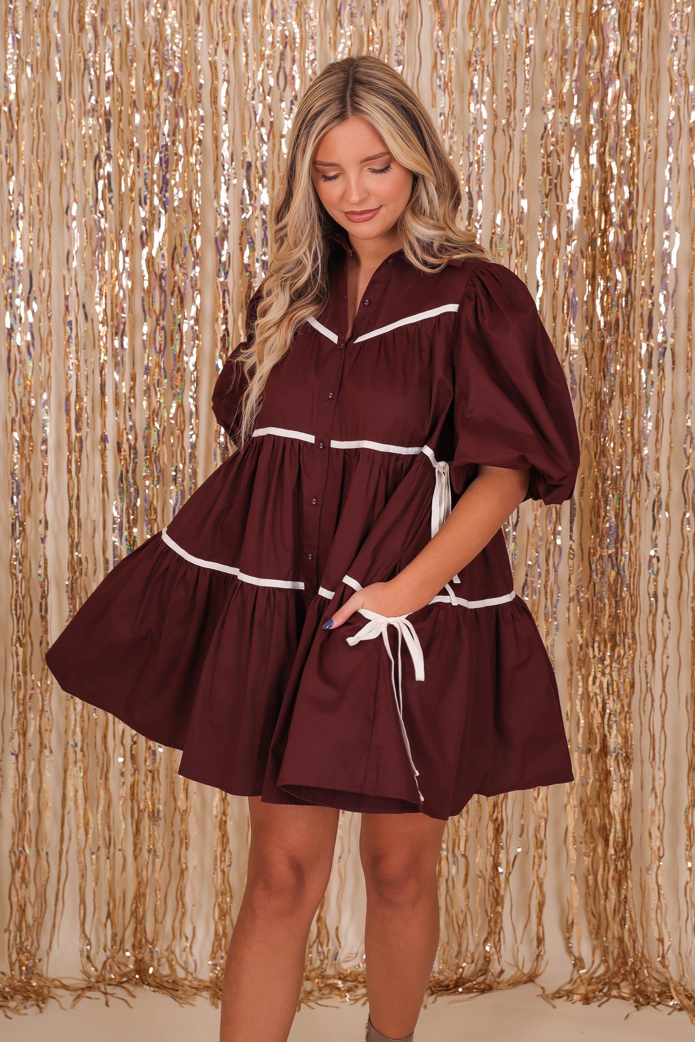 Women's Maroon Button Down Dress- Chic High End Dress with Bubble Sleeves- Sofie The Label Dress