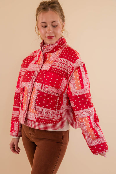 Red Bandana Quilted Jacket- Bandana Patch Work Quilted Jacket- &Merci Red Quilted Jacket