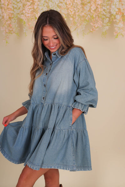 Women's Denim Dress- Women's Babydoll Denim Dress- Women's Long Sleeve Dresses