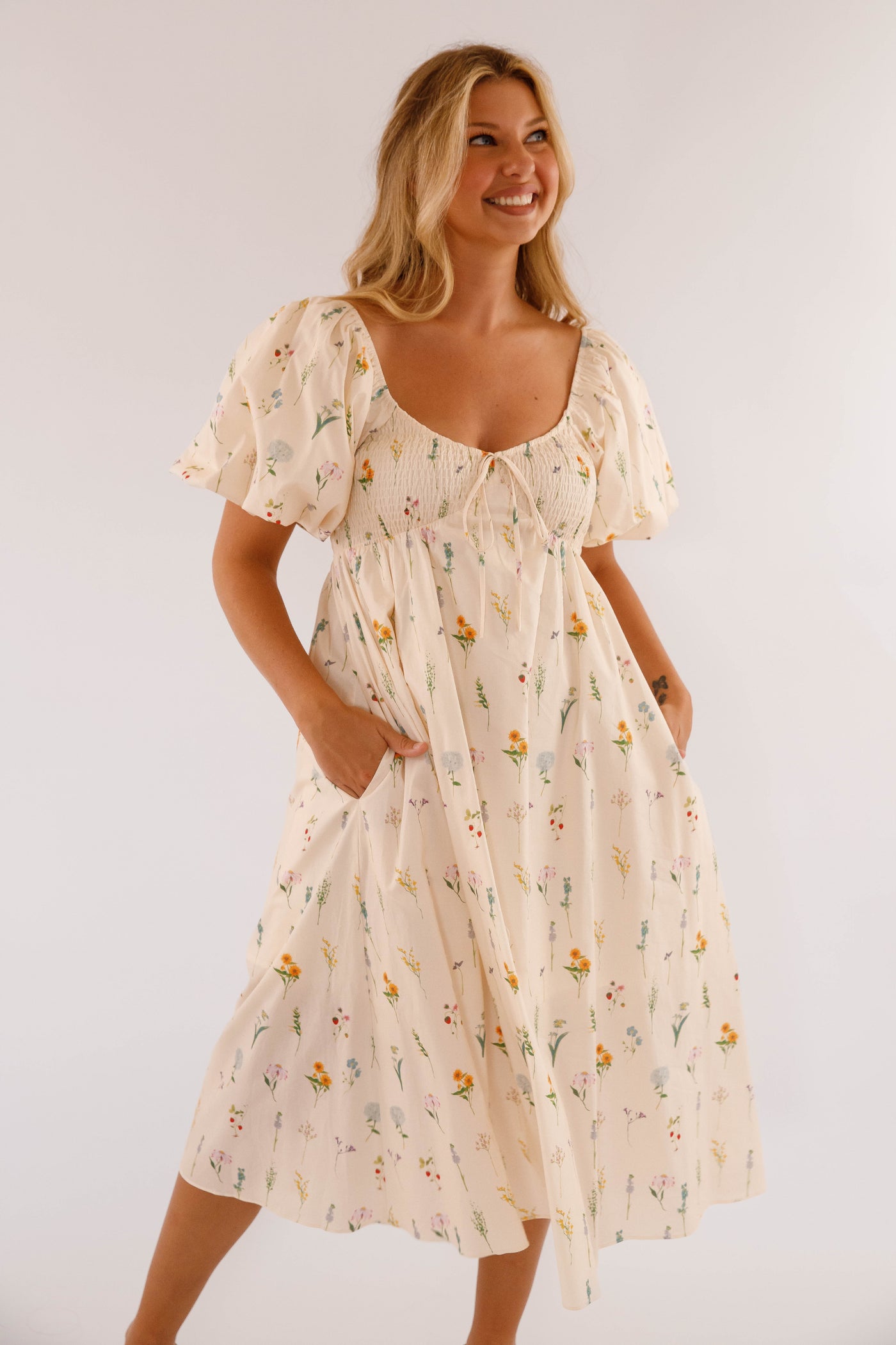 Dainty Floral Print Midi Dress- Women's Cotton Floral Dress- Aureum Dresses
