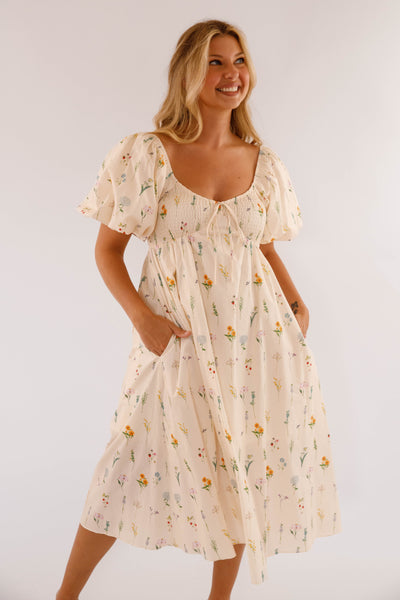 Dainty Floral Print Midi Dress- Women's Cotton Floral Dress- Aureum Dresses