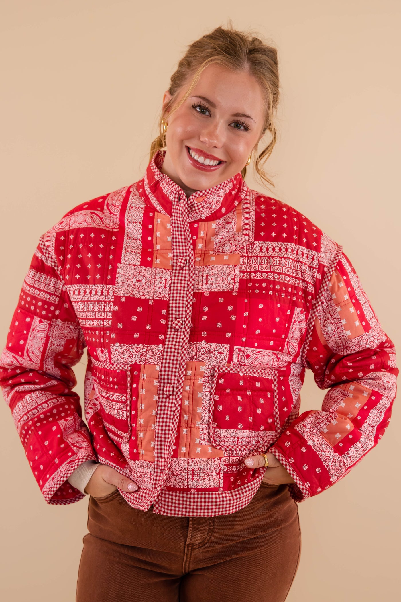 Red Bandana Quilted Jacket- Bandana Patch Work Quilted Jacket- &Merci Red Quilted Jacket