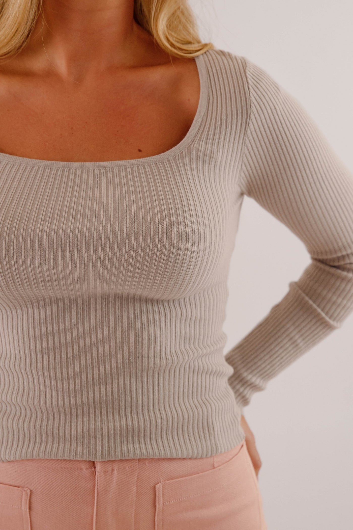 Women's Basic Ribbed Top- Light Grey Long Sleeve Top- Women's Fall Layering Tops