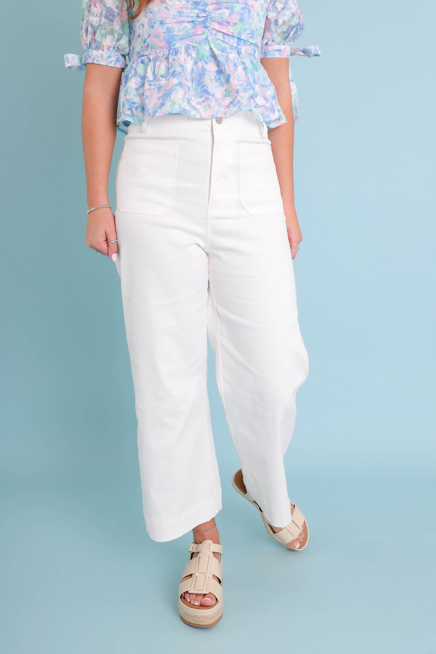 Wide Leg White Denim- Women's Front Pocket Jeans- Trendy Style Jeans