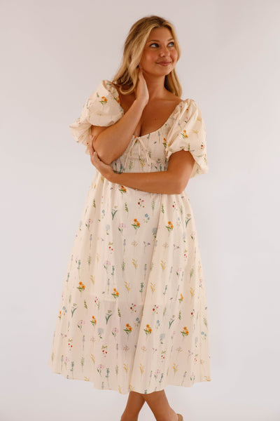 Dainty Floral Print Midi Dress- Women's Cotton Floral Dress- Aureum Dresses
