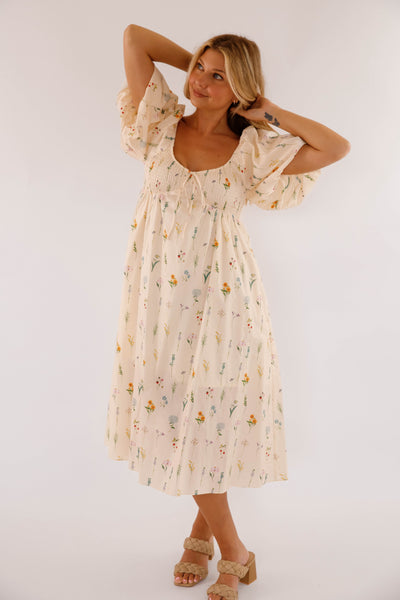 Dainty Floral Print Midi Dress- Women's Cotton Floral Dress- Aureum Dresses