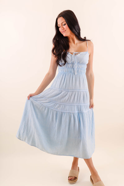 Light Blue Mineral Wash Midi Dress- Comfortable Cotton Gauzy Dress- She + Sky Mineral Wash Dress