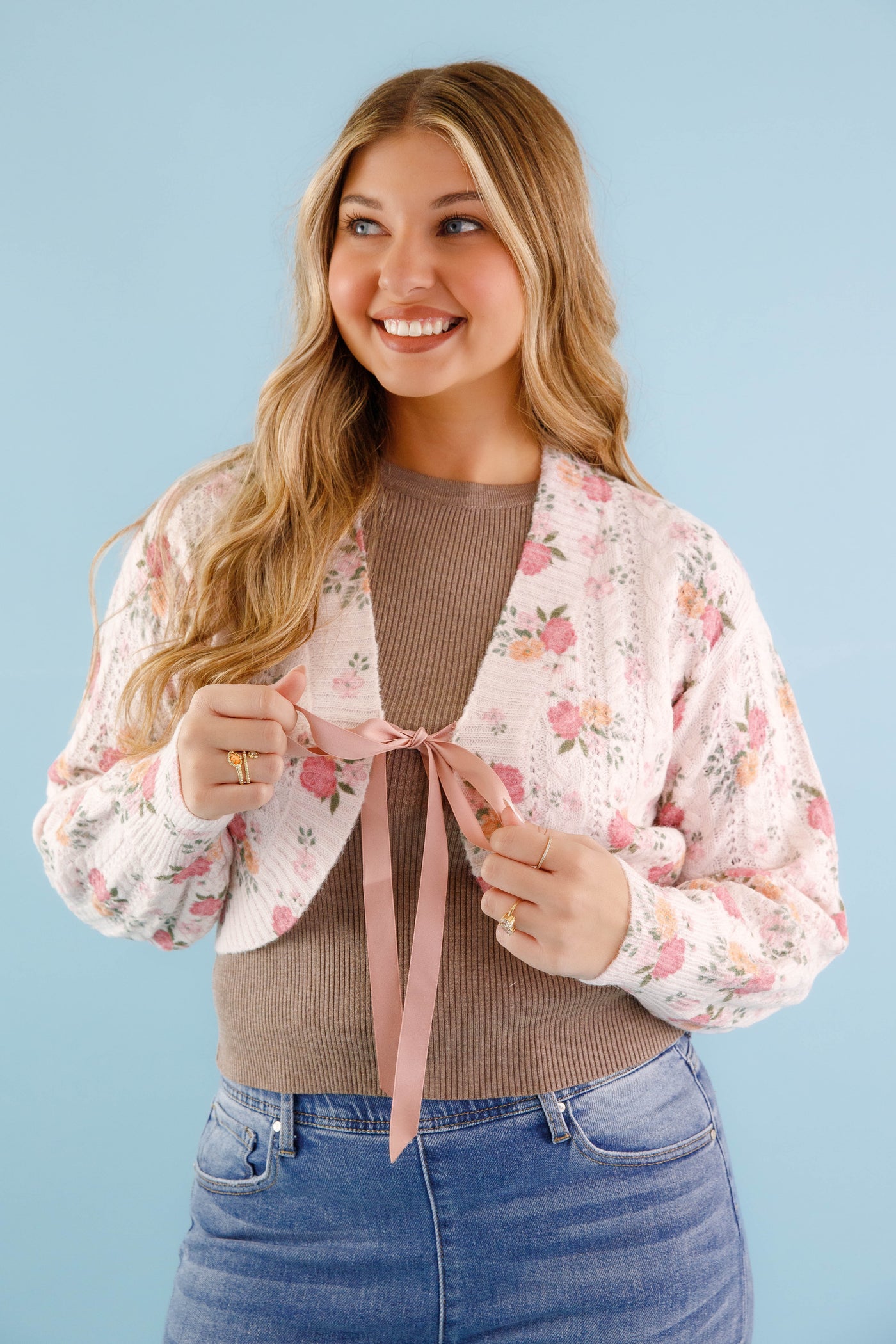 Satin Ribbon Cardigan- Women's Pink Floral Cardigan- Women's Luxury Sweaters