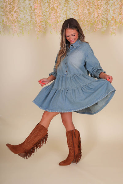 Women's Denim Dress- Women's Babydoll Denim Dress- Women's Long Sleeve Dresses