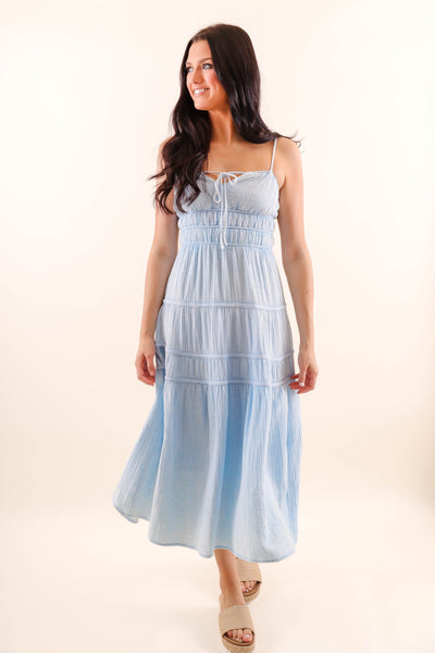 Light Blue Mineral Wash Midi Dress- Comfortable Cotton Gauzy Dress- She + Sky Mineral Wash Dress