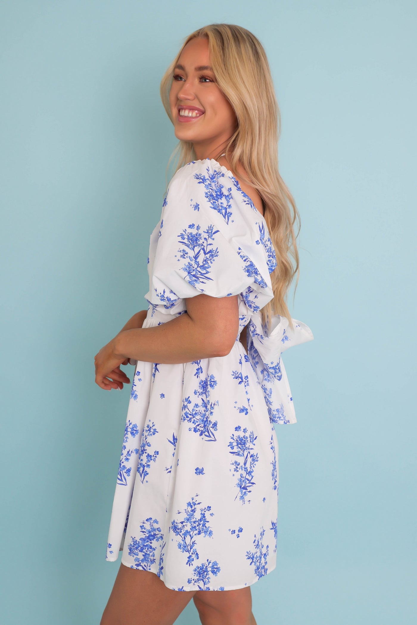 Puff Sleeve Babydoll Mini Dress- Women's Blue and White Floral Dress- SugarLips Mini Dress