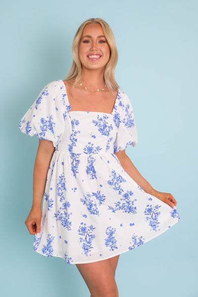 Puff Sleeve Babydoll Mini Dress- Women's Blue and White Floral Dress- SugarLips Mini Dress