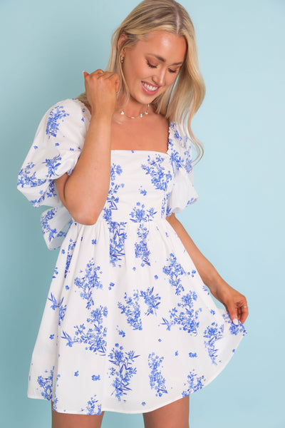 Puff Sleeve Babydoll Mini Dress- Women's Blue and White Floral Dress- SugarLips Mini Dress