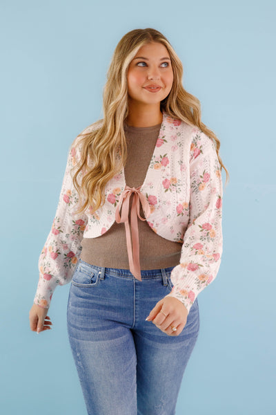 Satin Ribbon Cardigan- Women's Pink Floral Cardigan- Women's Luxury Sweaters