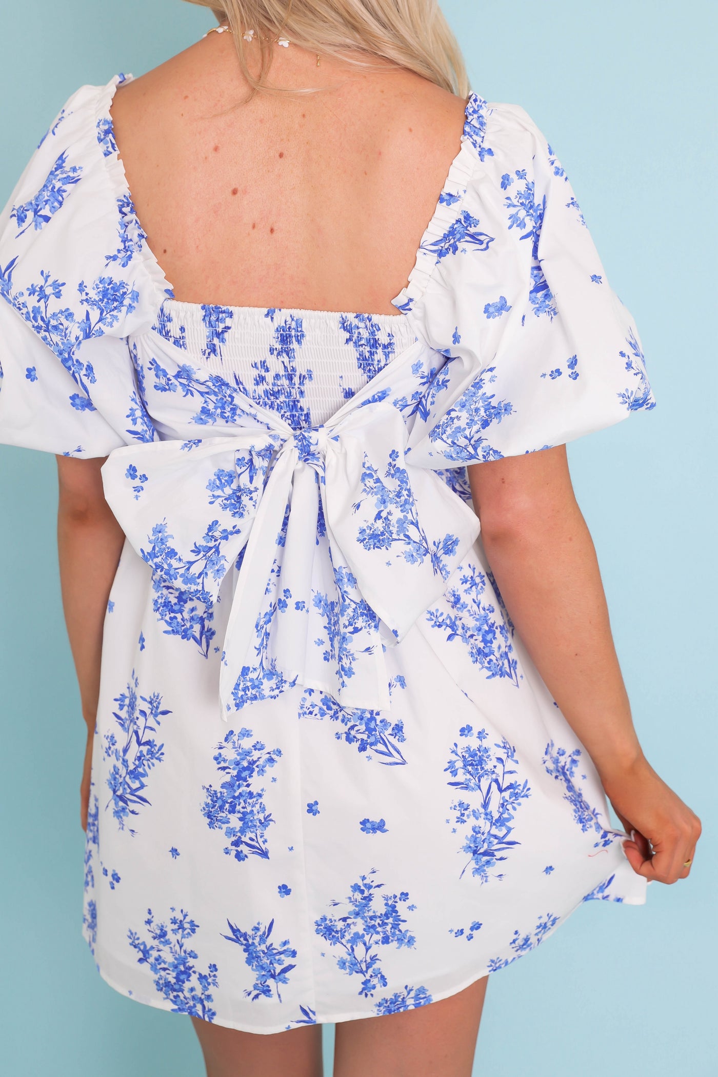 Puff Sleeve Babydoll Mini Dress- Women's Blue and White Floral Dress- SugarLips Mini Dress