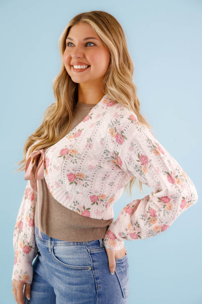 Satin Ribbon Cardigan- Women's Pink Floral Cardigan- Women's Luxury Sweaters