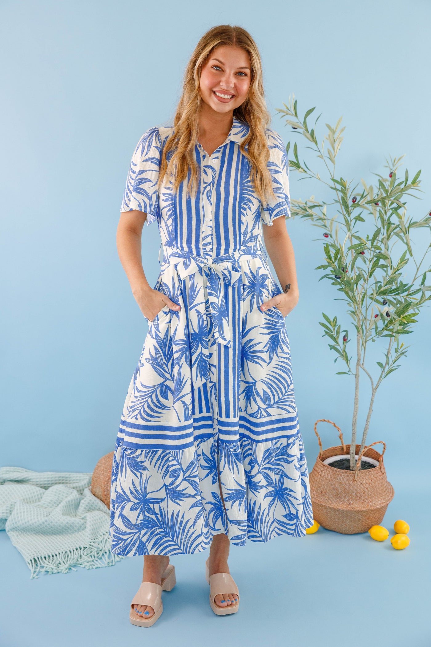 Blue Palm Print Midi Dress- Women's Vacation Dresses- Tropical Print Midi Dress