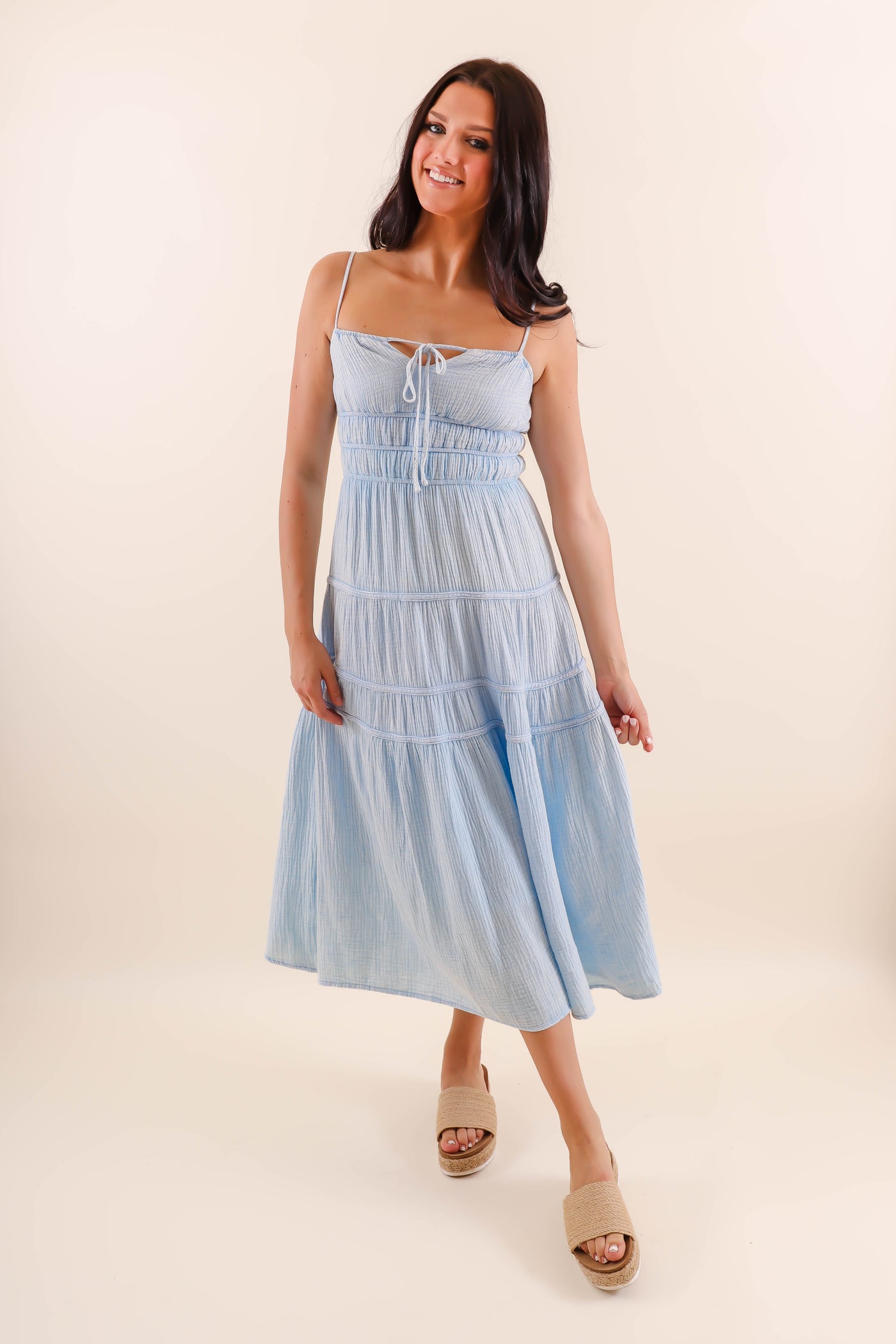 Light Blue Mineral Wash Midi Dress- Comfortable Cotton Gauzy Dress- She + Sky Mineral Wash Dress