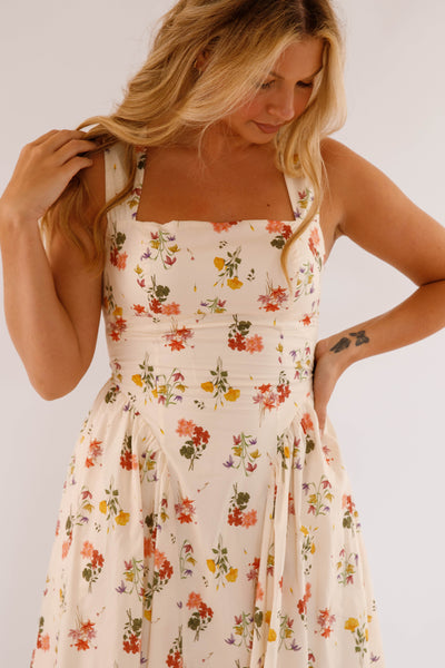 Drop Waist Midi Dress- Women's Floral Print Midi- Vintage Inspired Dresses