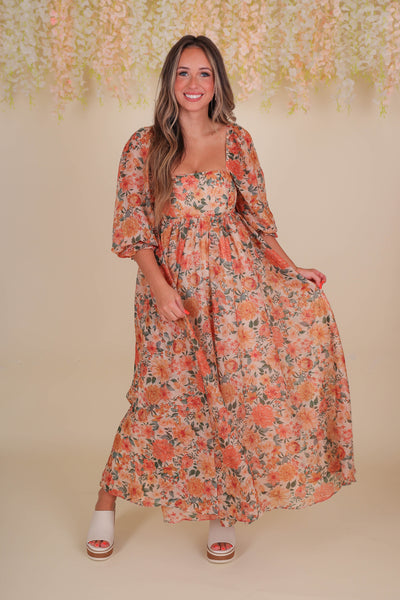 Women's Fall Floral Midi Dress- Beautiful Midi Dress- Storia Flower Dress