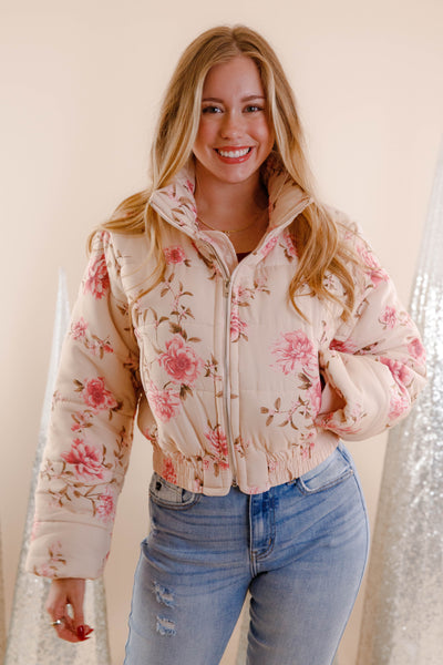 Blush Pink Floral Puffer Jacket- Women's Floral Print Jacket- Storia Pink Puffer Coat