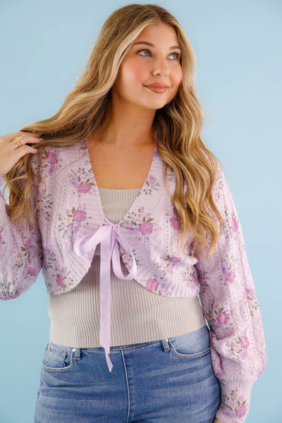 Satin Ribbon Cardigan- Women's Purple Floral Cardigan- Women's Luxury Sweaters