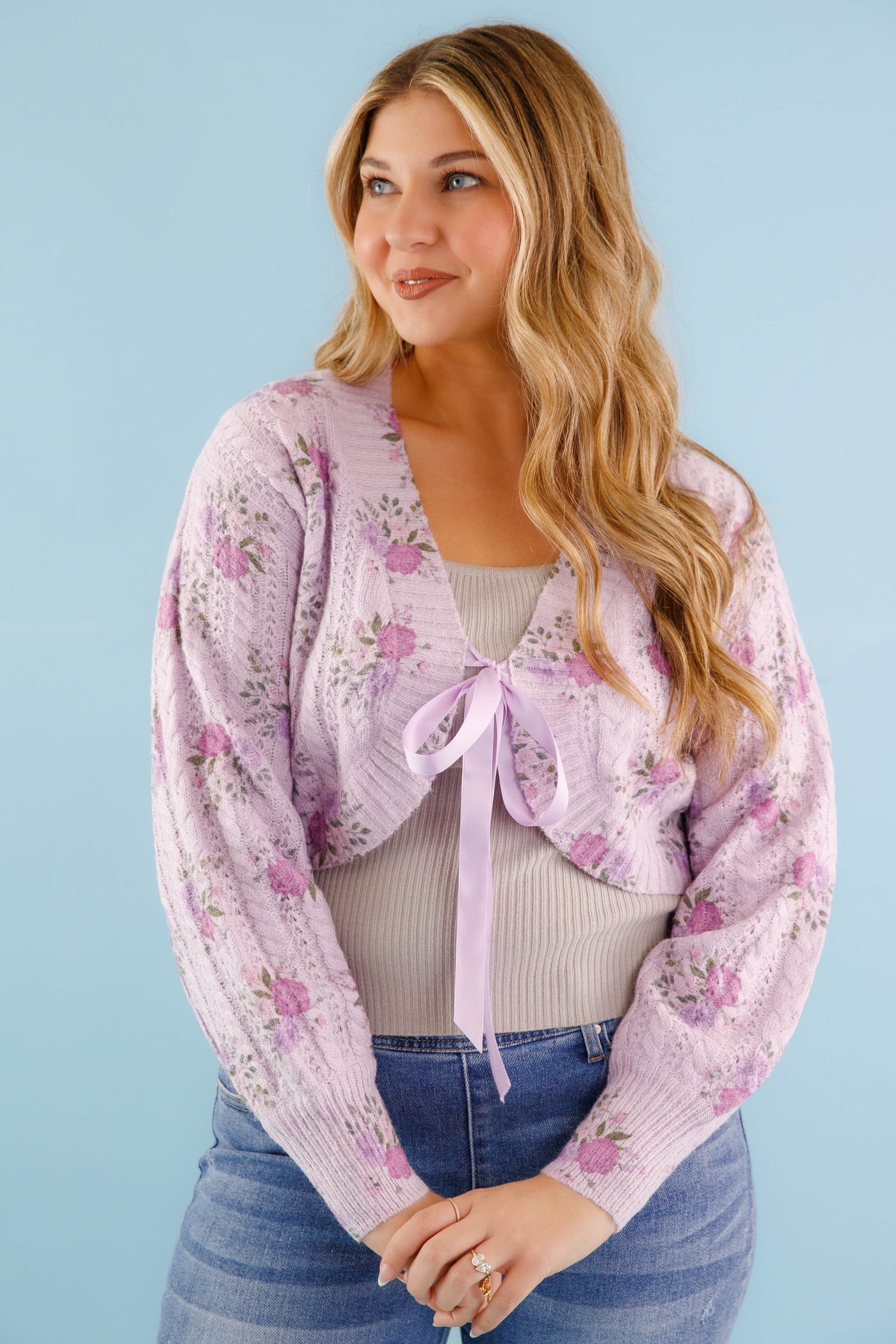 Satin Ribbon Cardigan- Women's Purple Floral Cardigan- Women's Luxury Sweaters