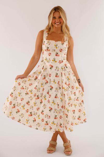 Drop Waist Midi Dress- Women's Floral Print Midi- Vintage Inspired Dresses
