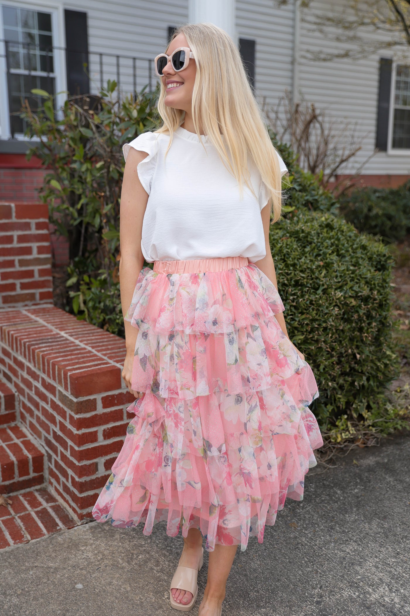 Ruffled Tulle Midi Skirt- Floral Print Midi Skirt- En Creme Pink Midi Skirt